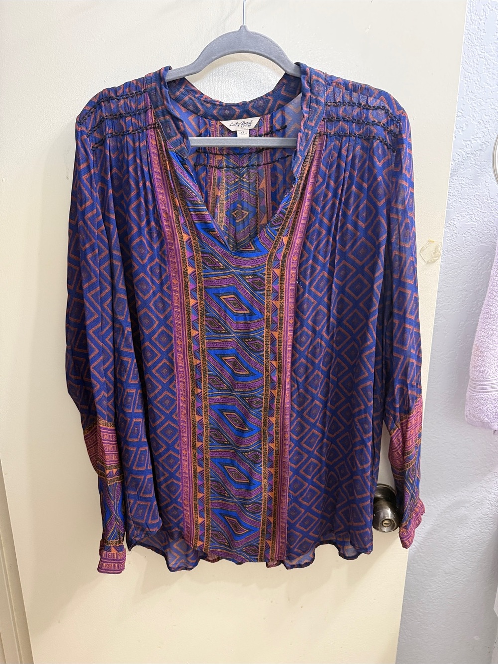 Lucky Brand Purple Multicolor Geometric V-Neck Peasant Top